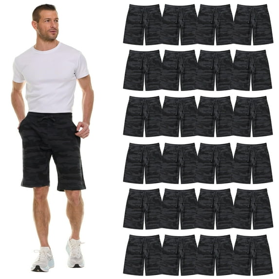 24 Pack Mens Fleece Lined Cotton Shorts, 11 Inch Casual Comfy Lounge Shorts, Wholesale Bulk Multipack for Donations, Charities, and Shelters (Black Camo, 2X-Large)