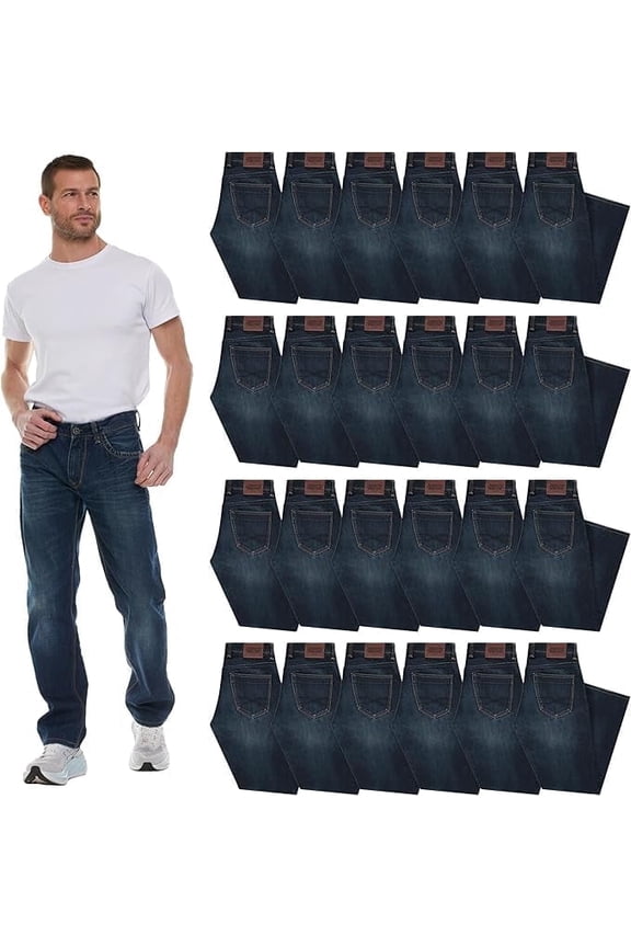 24 Pack Mens Wholesale Jeans Pants, Classic Fit Relaxed Bulk Denim for Men, Assorted Sized Packs, Donation Homeless
