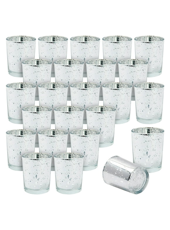 24-Pack Mercury Glass Speckled Candle Holders for 2-Inch Votive Candles, 2.6-Inch Tall Silvered Glass Candleholders for Short Round Wax and Tealight Candles (Silver)