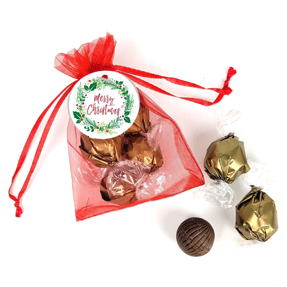 24 Pack Merry Christmas Red Organza Bag Favor Filled With Milk Chocolate Dubai Truffles For Gifting, Holiday Favors, Party Giveaways & More - Wreath