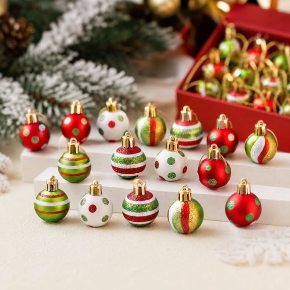 24 Pack Mini Christmas Balls 1.18 Inch Plastic Tree Ornaments with Hanging Strings