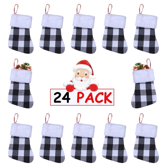 24 Pack Mini Christmas Stockings, 7 inches Buffalo Plaid with Plush Cuff Small Stockings, Xmas Classic Black Red Plaid Stockings Decorations for Whole Family