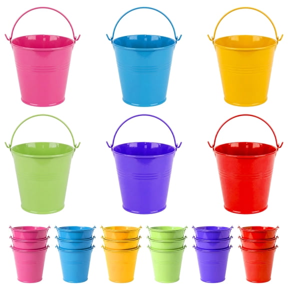 24-Pack Mini Galvanized Metal Buckets with Handles, 3.9" x 3.9" x 3.5" Round Candy Pails for Crafts, Party Pieces & Storage