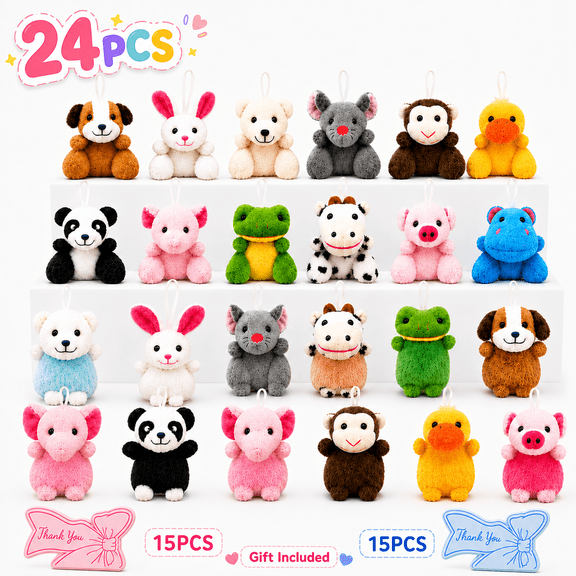 24 Pack Mini Plush Animal Charms with 30 Thank You Cards, Small Stuffed Animals for Party Favors, Stocking Stuffers and Classroom Prizes