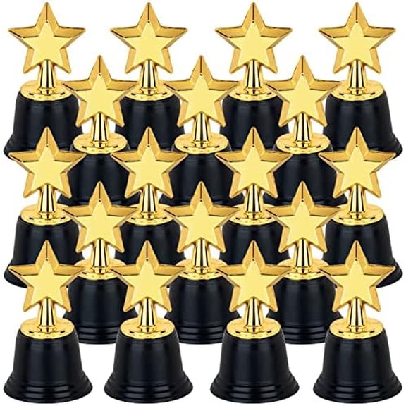 24 Pack Mini Star TrophyAwards Bulk (4.5 Inch), Plastic Gold Star Trophies For Halloween Party Favors, Goodie Bags, Kid Classroom School Reward, Sports Tournament Winning Prize, Hollywood Event Props