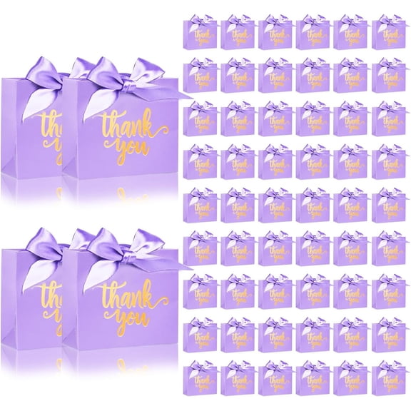 24 Pack Mini Thank You Gift Bags, 4.5x1.8x3.9 Inches Purple Paper Gift Bags With Ribbon for Wedding, Candy Favor Boxes, Birthday Party, Baby Shower, Anniversary