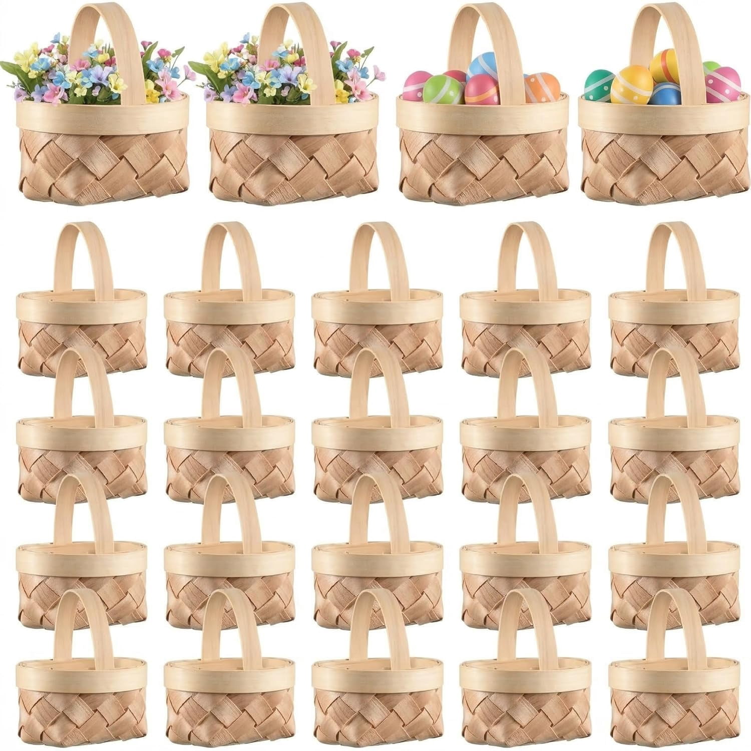 24 Pack Mini Woven Baskets with Handles, Farmhouse Miniature Flower Basket for Easter Wedding Party Favors, Arts and Crafts, School Projects and Photography Props