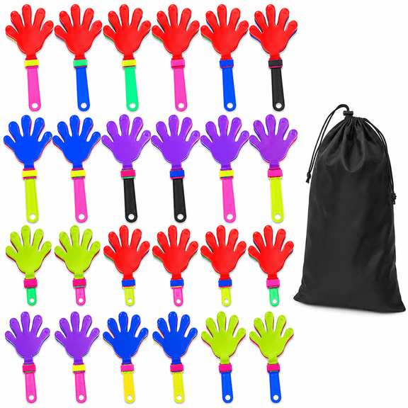 24 Pack Multicolor Hand Clapper Noisemakers with Drawstring Storage Bag, 7.5 Inch Party Favors for Birthdays, Fiestas and Sporting Events