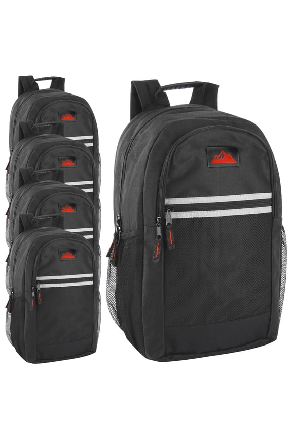 24 Pack Multipocket Reflective Backpacks with Front Zippered Pockets and Side Mesh Pockets in Black