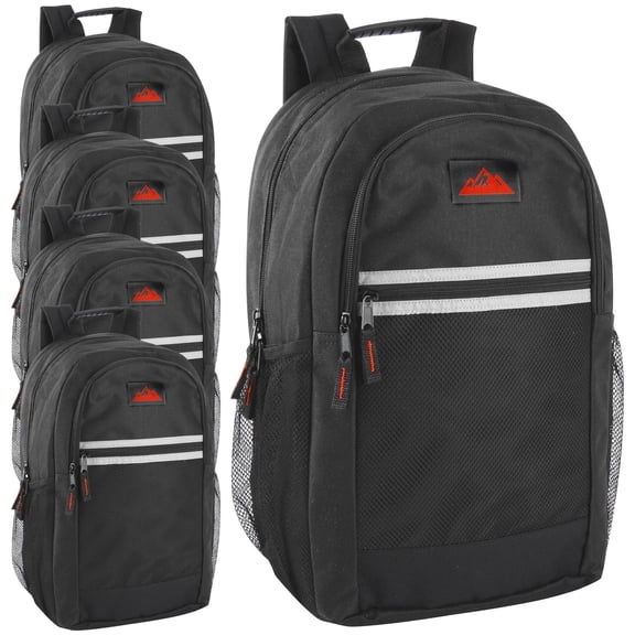 24 Pack Multipocket Reflective Backpacks with Front Zippered Pockets and Side Mesh Pockets in Black
