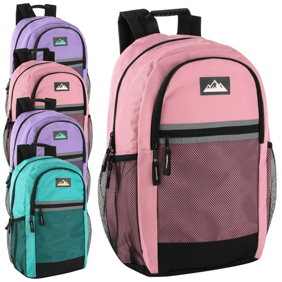 24 Pack Multipocket Reflective Backpacks with Front Zippered Pockets and Side Mesh Pockets in Pastel Colors Pack