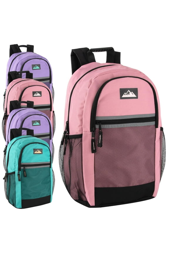 24 Pack Multipocket Reflective Backpacks with Front Zippered Pockets and Side Mesh Pockets in Pastel Colors Pack