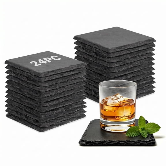 24 Pack Natural Slate Coasters for Laser Engraving, 4 Inch Square Black Stone Drink Coasters with Protective Foam Pads, Blank DIY Craft Coasters for Custom Designs