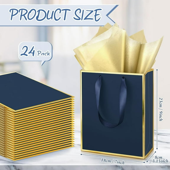 24 Pack Navy Blue Metallic Gift Bags with Handle & Tissue Paper - Gold Foil Wedding Birthday Party Return Gifts