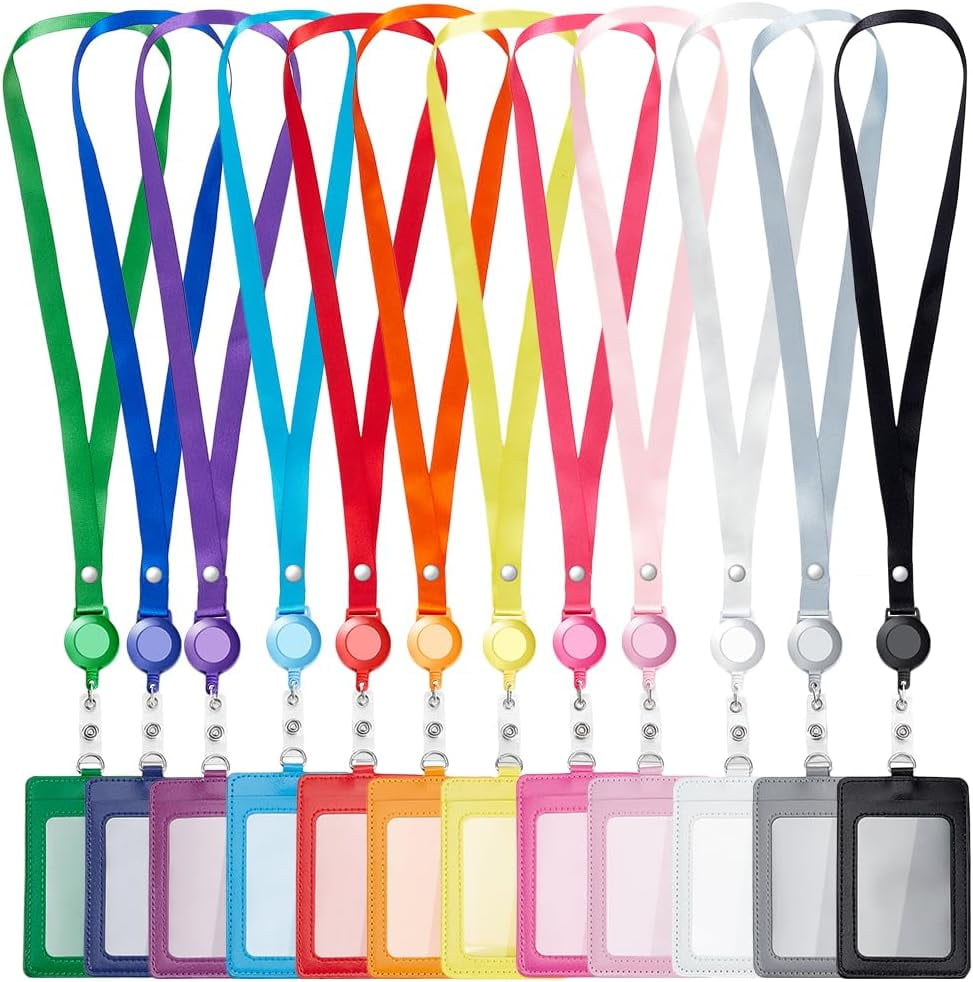 24 Pack PU Leather Badge Card Holder Colorful Retractable Lanyards with Vertical ID Card Badges Name Tag Holder Holder with Clear Multi-color