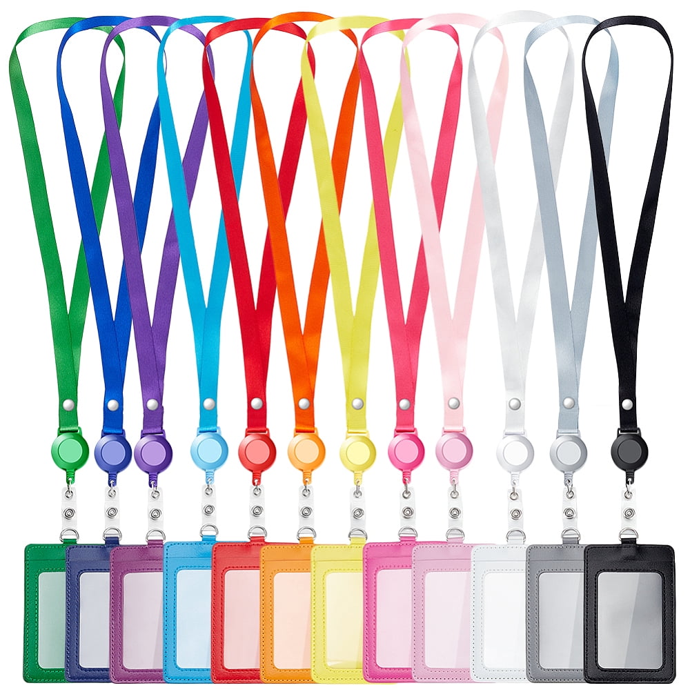 24 Pack PU Leather Badge Card Holder Colorful Retractable Lanyards with Vertical ID Card Badges Name Tag Holder Holder with Clear Window