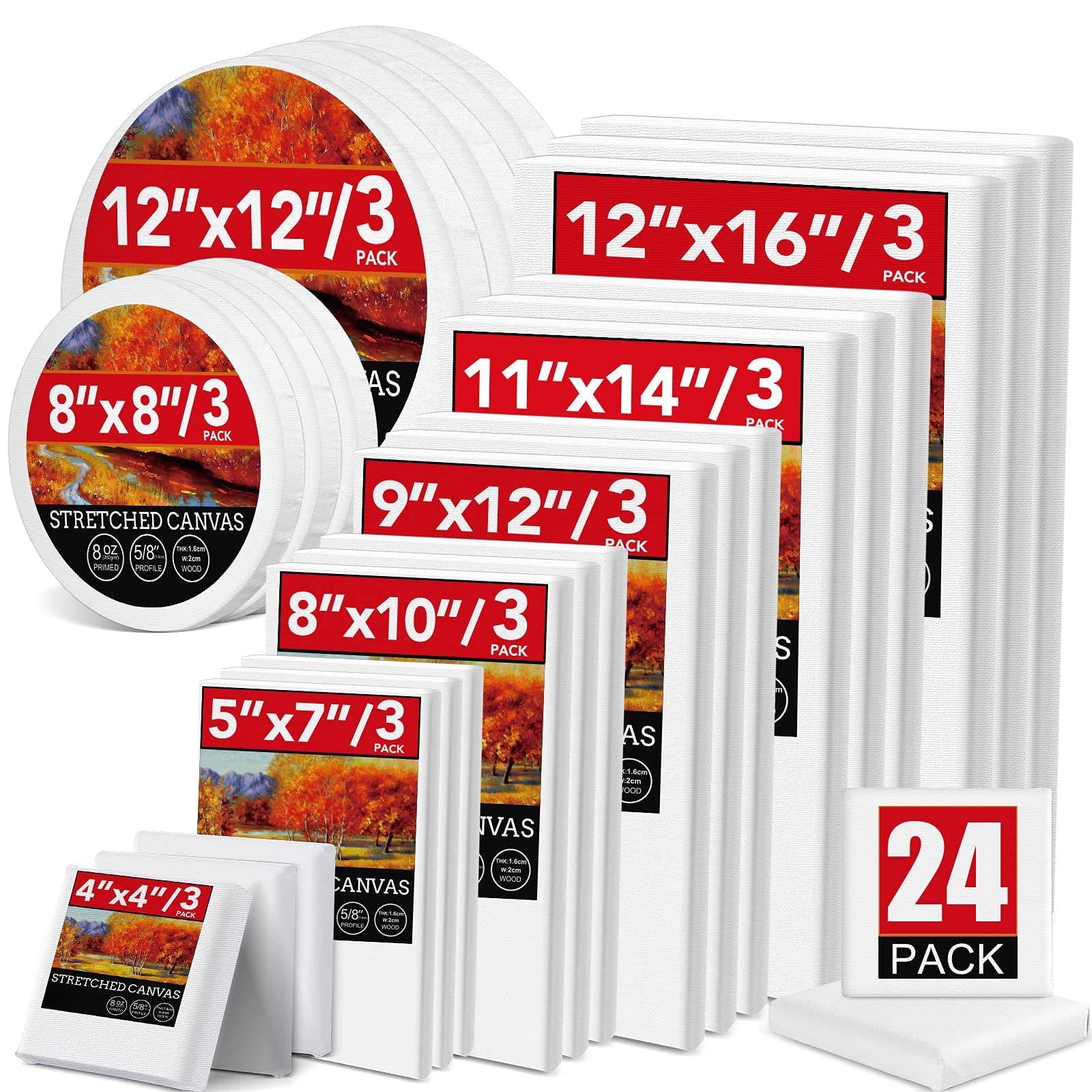 24-Pack Painting Canvases, 8 Sizes Square & Round Cotton Canvas Boards for Acrylic & Oil