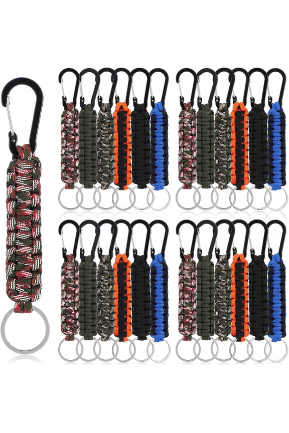 24 Pack Paracord Keychain with Carabiner Braided Lanyard Key Chain Carabiner Clip for Keys Backpack Paracord Keychain Ring for Men Women Heavy Duty Hook for Outdoor Survival Camping Hiking (6 Colors)