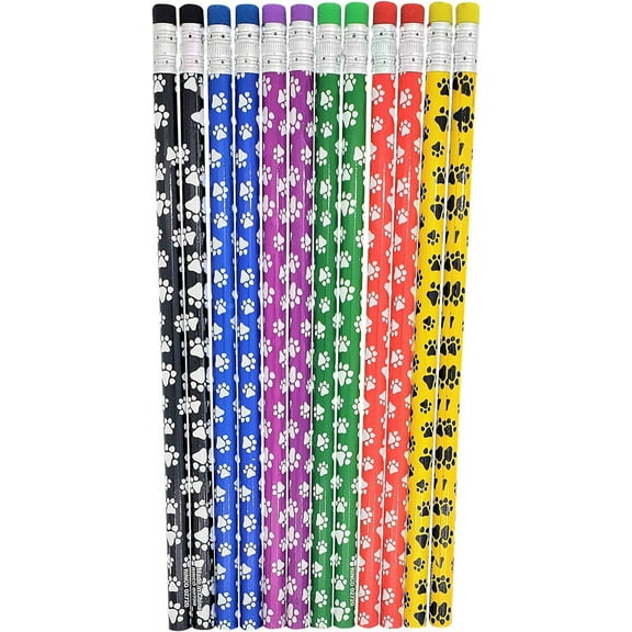 24 Pack Paw Print on Colorful #2 LEAD Pencils - Wooden with Colorful Eraser on Top