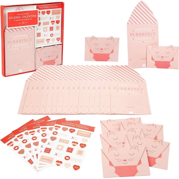 24 Pack Pink Cat Valentine's Day Card & Sticker Set for Kids - I Think You're Purrrfect Valentine! - Cute Kitten Design - School Classroom Valentine Exchange Parties for Girls & Boys Ages 4+