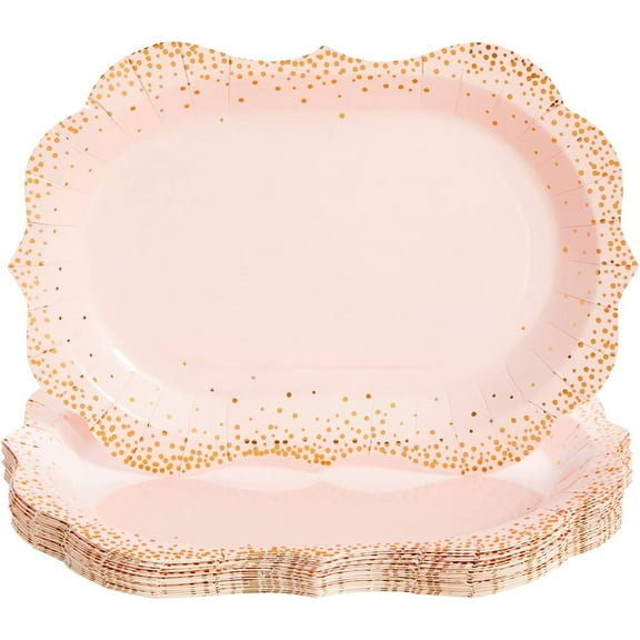 24-Pack Pink Disposable Serving Trays, Gold Foil Polka Dotted Party Platters for Wedding, Birthday, Tea Party, Brunch Decorations, Table Centerpiece, Home Decor (9x13 in)