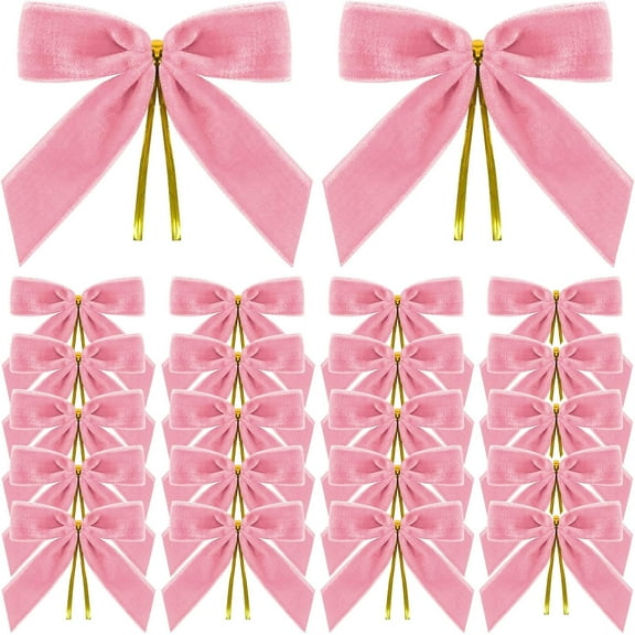 24 Pack Pink Velvet Twist Tie Bows for Christmas Tree, Pre-Tied Small Christmas Bows for Wreath, Tree, Gift Wrapping, Treat Bags, DIY Craft, Party Favors, Home Decoration