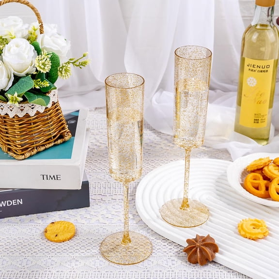 24 Pack Plastic Champagne Flutes - 6 Oz Gold Glitter Disposable Champagne Glasses - Square Plastic Wine Cups Wedding Toasting for Party Birthday Anniversary