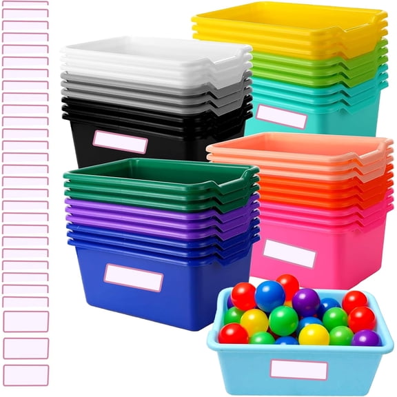 24-Pack Plastic Cubby Bins with Adhesive Labels, Stackable Colorful Toy and Book Organizer Baskets for Classroom, Playroom, and Home