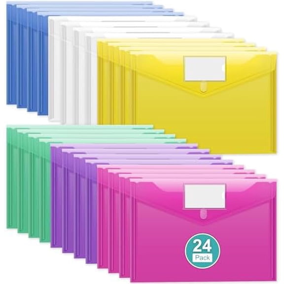 24 Pack Plastic Envelopes A4 Letter Size File Folders, Clear Poly Document Holders with Labels, Waterproof Pocket Pouches for School Office Home Organizer Supplies$$Office