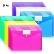 24 Pack Plastic Envelopes Poly Envelopes, Clear Document Folders US Letter A4 Size File Envelopes with Label Pocket for Home Work Office Organization, 6 Colors