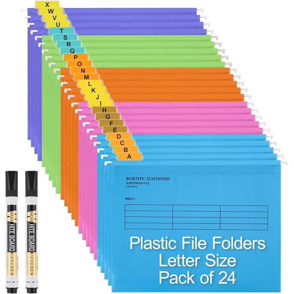 24-Pack Plastic Hanging File Folders Letter Size Expandable | Sturdy Document Organizer Assorted Colors with Adjustable Tabs, 2 Markers
