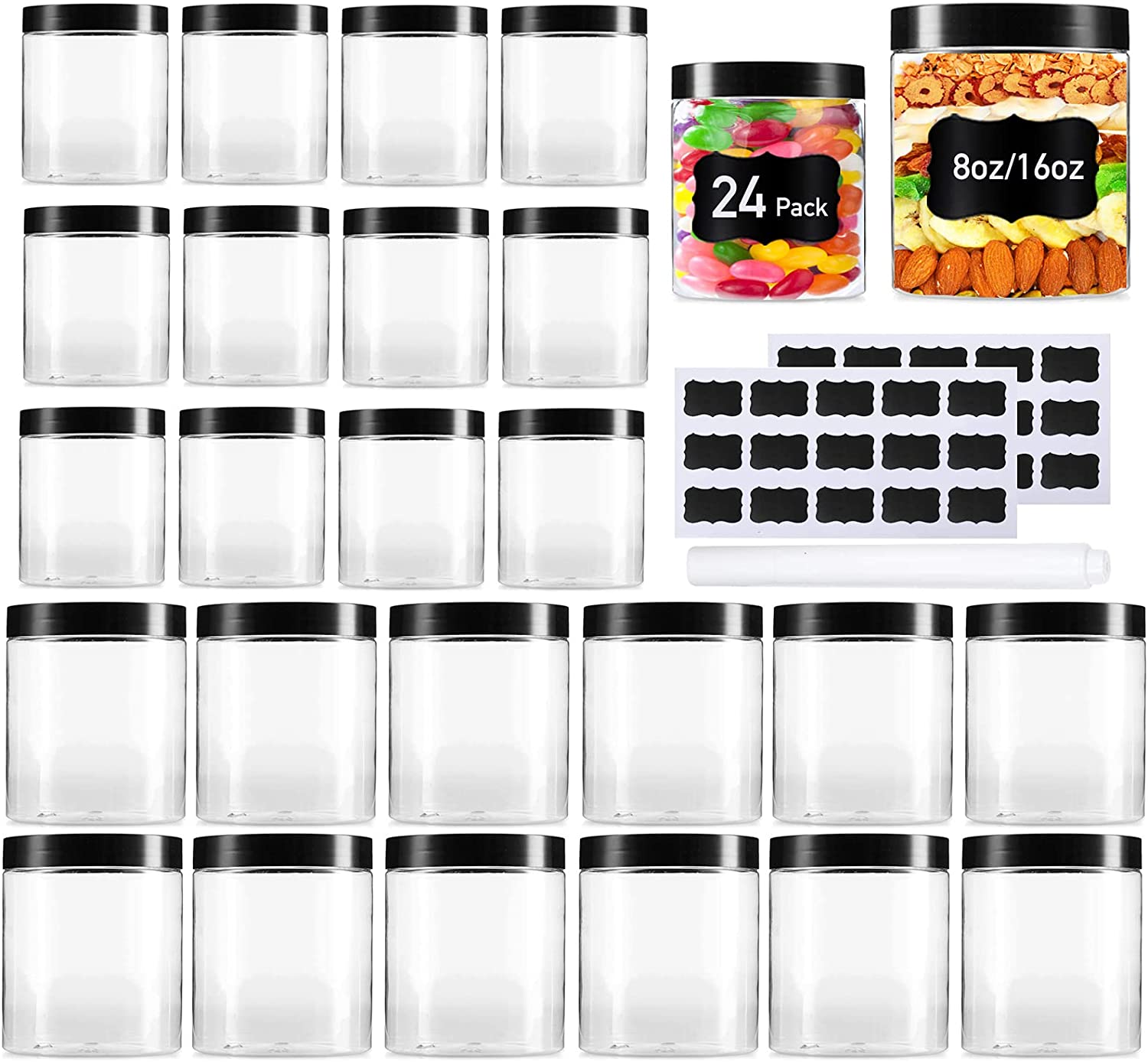 24 Pack Plastic Jars with Lids Clear Mason Jars for Kitchen Storage