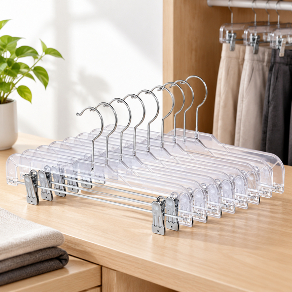 24 Pack Plastic Pants Hangers With Adjustable Clips, Crystal Clear