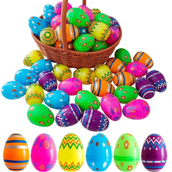 24 Pack Plastic Printed Bright Easter Eggs, 2.76'' Colorful Fillable Easter Hunt Eggs Empty for Classroom Rewards, Party Basket Stuffers, and Spring Decorations