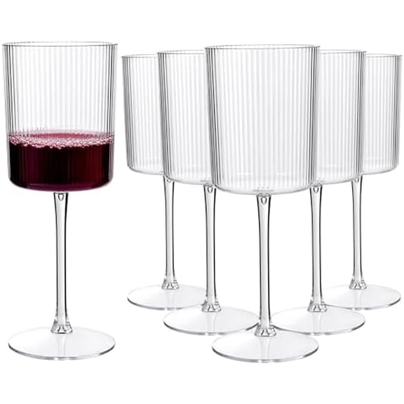 24 Pack Plastic Ribbed Wine Glasses - 10 OZ Clear Square Wine Glasses with Stem - Heavy Duty Vintage Disposable Champagne Cups for Wedding Parties