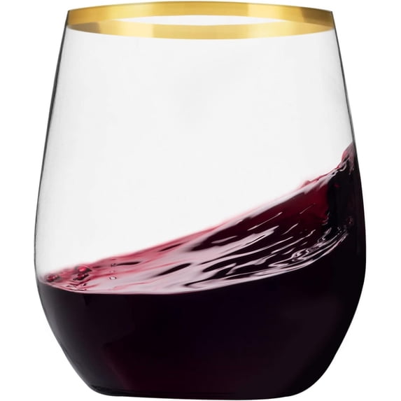 24 Pack Plastic Stemless Wine Glasses with Gold Rim, Disposable 12 Oz Clear Wine Cups – Shatterproof Recyclable And BPA-Free, Fancy Party Cups for Wedding Reception Cocktail Parties and Catered Events