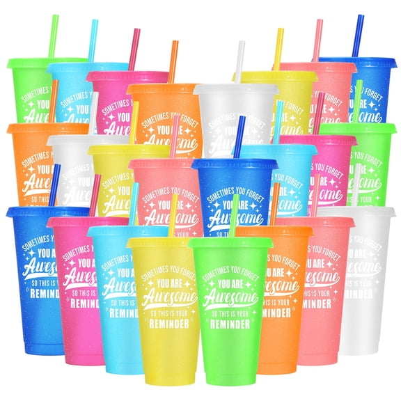 24 Pack Plastic Tumblers with Lids and Straws, You Forget You Are Awesome Gifts Reusable Cups with Lids Colorful Cups for Party, Iced Coffee Cup Bulk Tumbler (24 oz, Light Color Printed) Y101