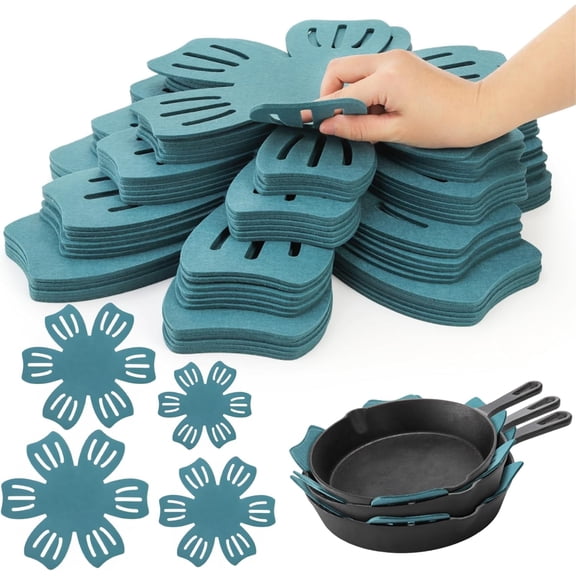 24 Pack Pot and Pan Protectors, 4 Different Size Pans Separator, Anti-Slip Pan Dividers Pads, Felt Cookware Protector Set for Stacking and Protecting Your Cookware, Set of 24, Cyan