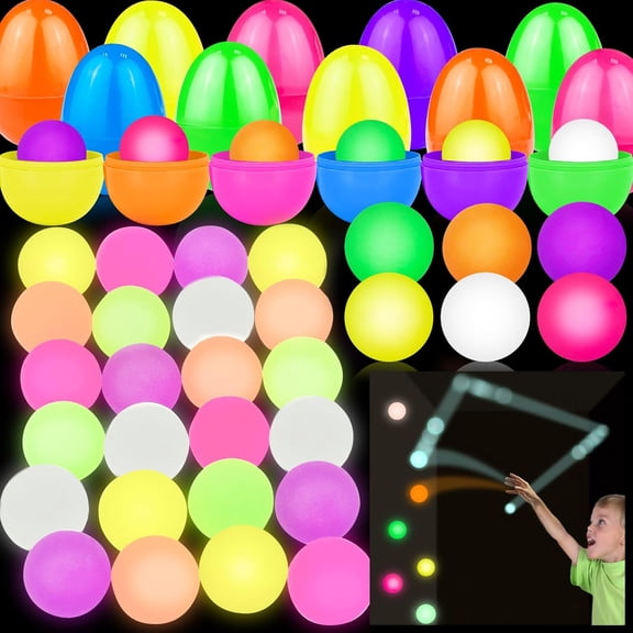 24 Pack Prefilled Easter Eggs With 33MM Bouncy Balls, Glow in The Dark High Bouncing Ball Toys for Kids Easter Hunt, Party Favors and Basket Fillers, Assorted 6 Colors