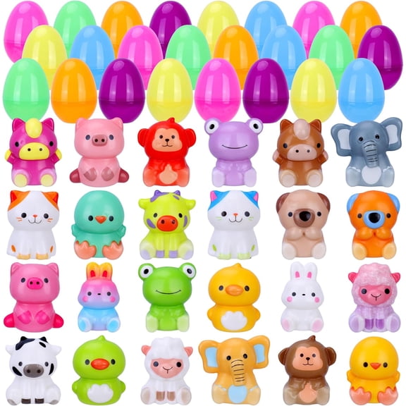 24 Pack Prefilled Easter Eggs With Toys, Mini Animal Squishy Toys, Easter Egg Fillers with 24 Fillable Plastic Eggs, Easter Basket Stuffers for Kids, Egg Hunt Prizes, Classroom Rewards, Party Favors