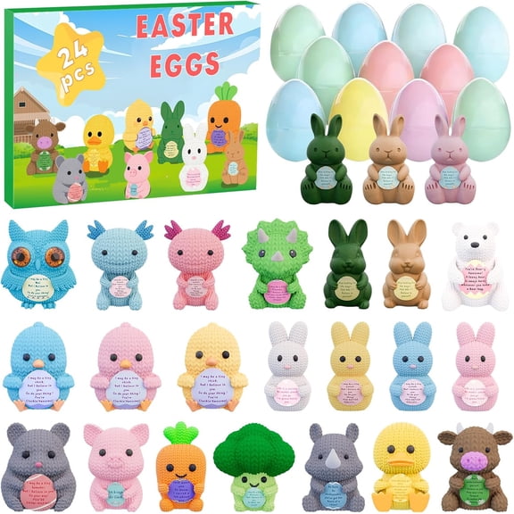 24 Pack Prefilled Easter Eggs With 3D Printed Knitted Animal Figurines And Positive Cards For Easter Egg Hunt Party Favors Basket Stuffers