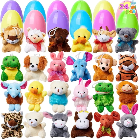 24 Pack Prefilled Easter Eggs of Mini Stuffed Animal Plush Toys Baster Stuffer Filler for Kids Easter Egg Hunt Game, Classroom Prize Supplies