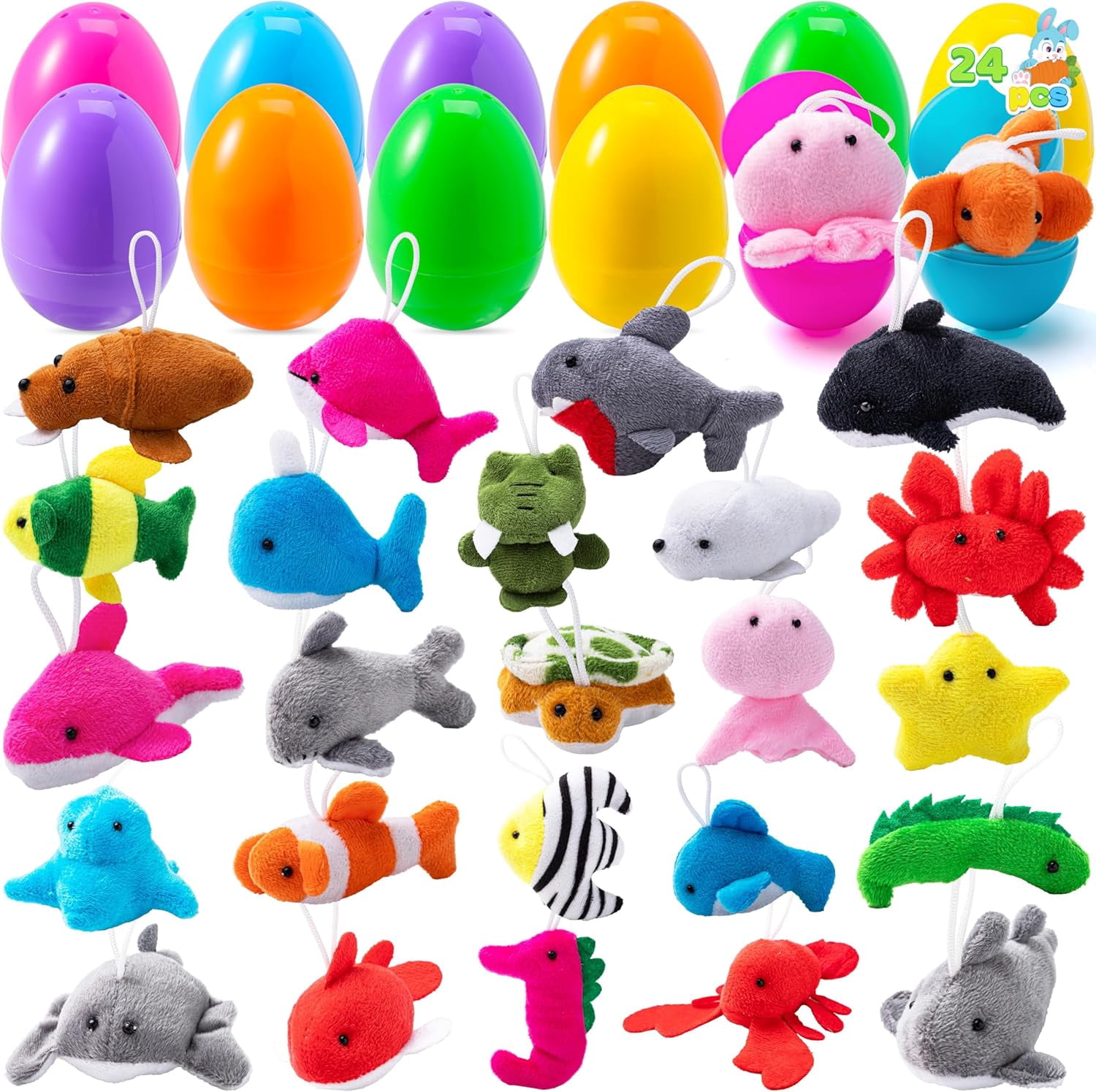 24 Pack Prefilled Easter Eggs of Mini Stuffed Animal Plush Toys Baster Stuffer Filler for Kids Easter Egg Hunt Game, Classroom Prize Supplies