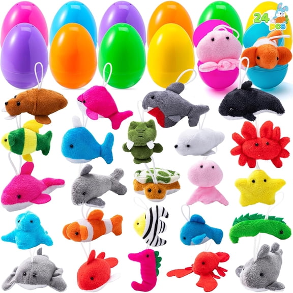24 Pack Prefilled Easter Eggs of Mini Stuffed Animal Plush Toys Baster Stuffer Filler for Kids Easter Egg Hunt Game, Classroom Prize Supplies
