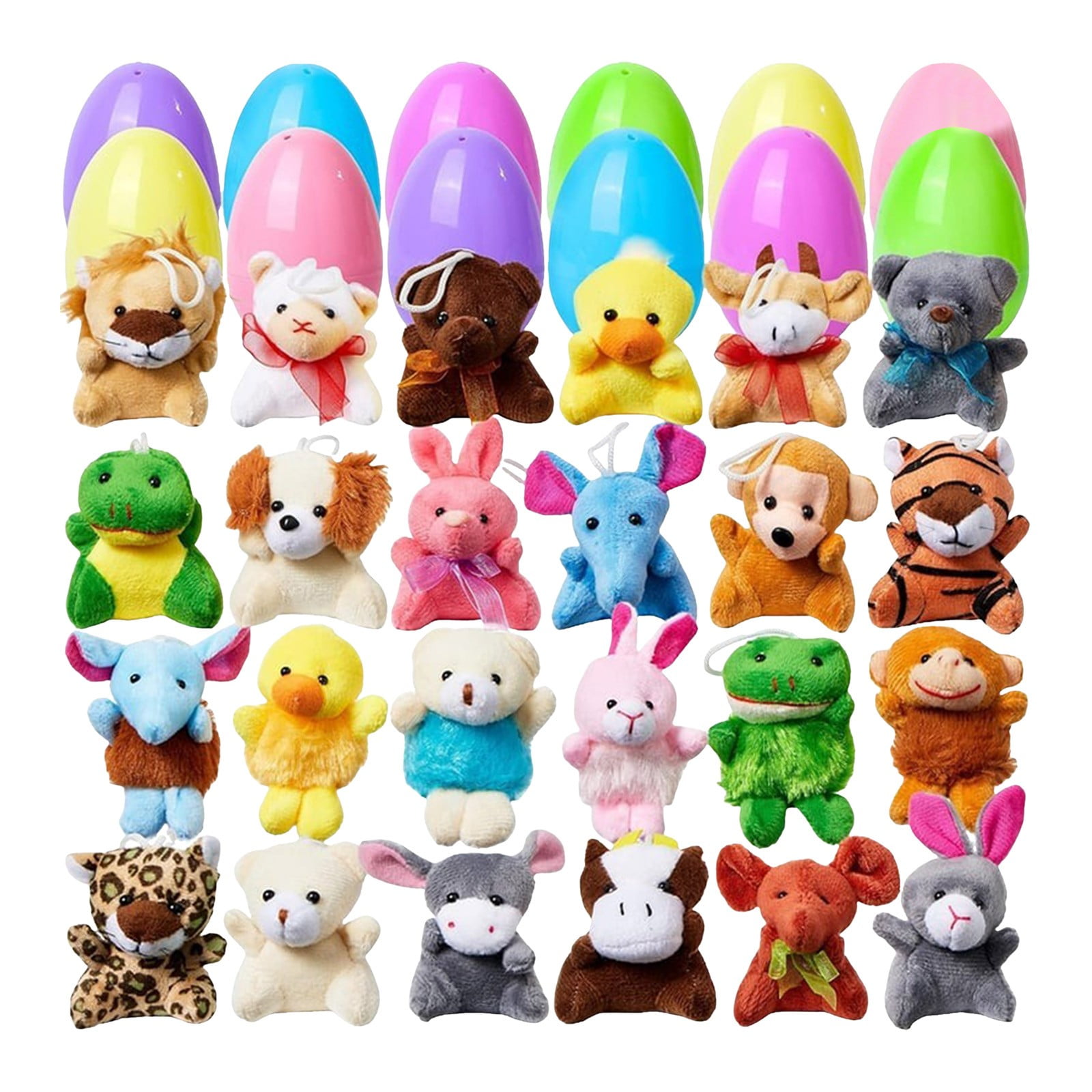 24 Pack Prefilled Easter Eggs of Mini Stuffed Animal Plush Toys Baster Stuffer Filler for Kids Easter Egg Hunt Game, Classroom Prize Supplies