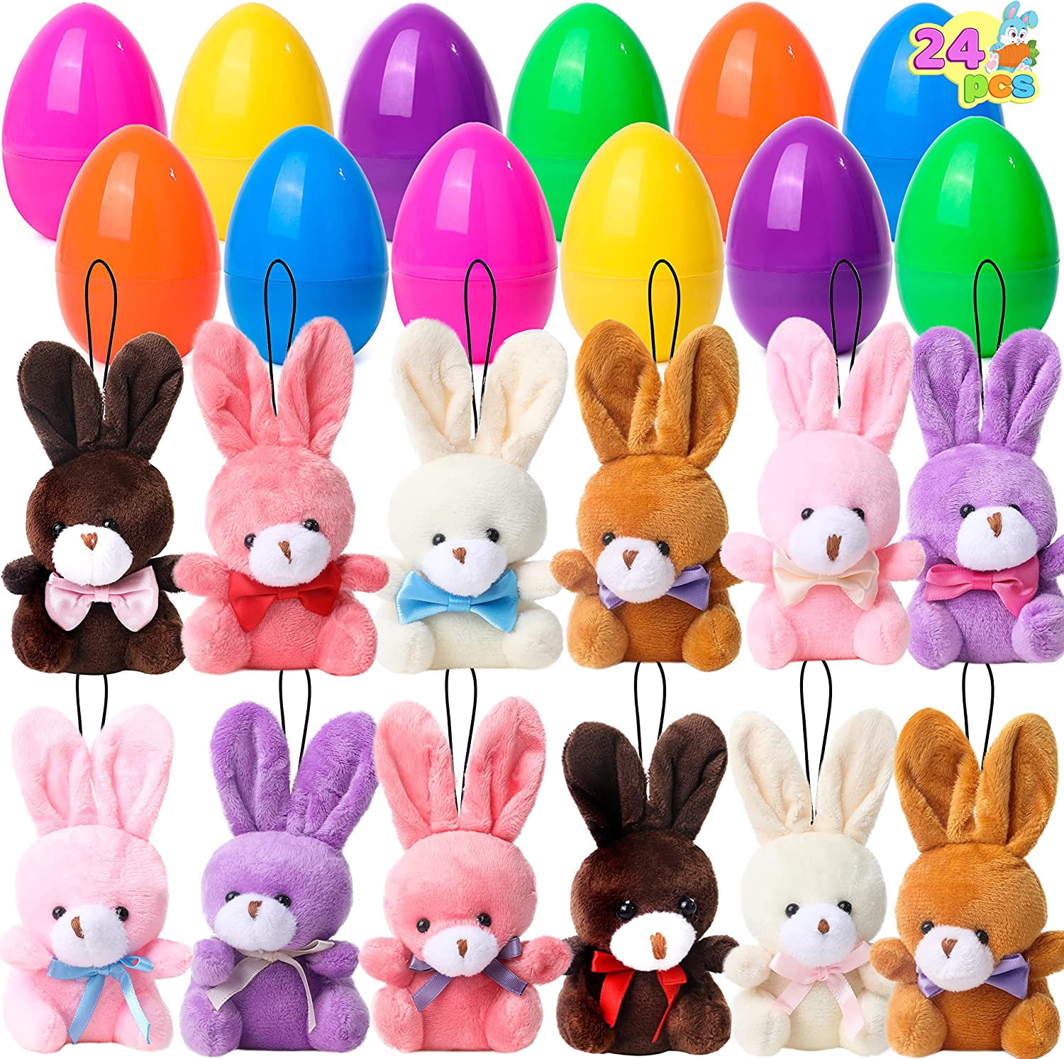 24 Pack Prefilled Easter Eggs of Mini Stuffed Animal Plush Toys Baster Stuffer Filler for Kids Easter Egg Hunt Game, Classroom Prize Supplies