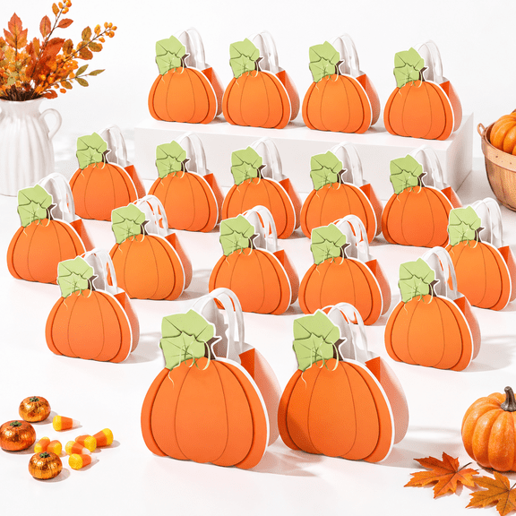 24 Pack Pumpkin Paper Gift Bags with Handles, Fall Holiday Party Supplies