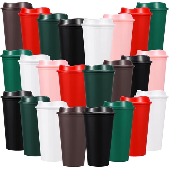 24 Pack Reusable Coffee Cups with Lids 16 oz To Go Travel Cups with Lids Travel Mugs Plastic Tumblers Reusable Coffee Tumblers for Hot and Cold Drinks, Dark Colors