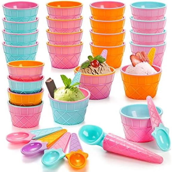 24 Pack Reusable Ice Cream Bowls with Spoons, 6Oz Cartoon Candy Color Plastic Ice Cream Cups, Cute Summer Holiday Parties Favors Dessert Bowls for Sundae Yogurt Pudding DIY Baking, 1 Big Scoop$$