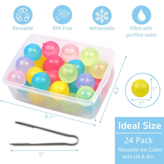 24 Pack Reusable Ice Cubes with Lid and Bin, Round Plastic Ice Balls for Drinks, Freezable Whiskey Ice Cubes Non-Diluting for Cocktails Beer Wine, Party Supplies Multicolor